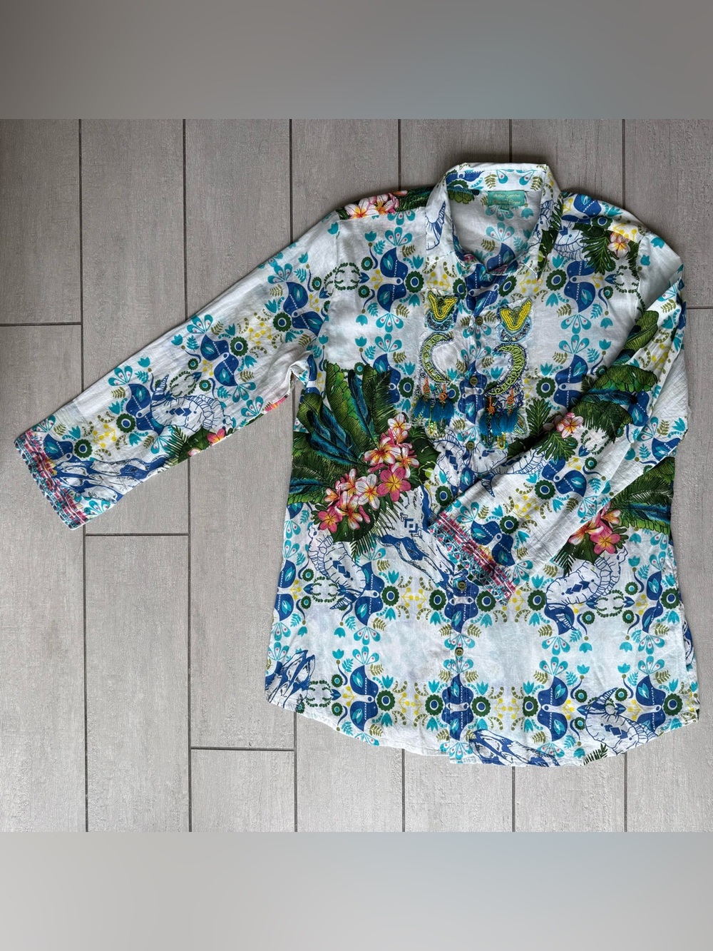 Antica Sartoria Beaded Shirt Italian Floral Bird Feather Tassel Button Up Cotton